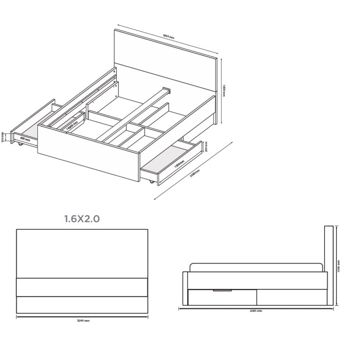 Ліжко з ящиками для білизни 1,6х2,0 Тібо / Tibo Супер Мат Білий MiroMark TB-36-WM