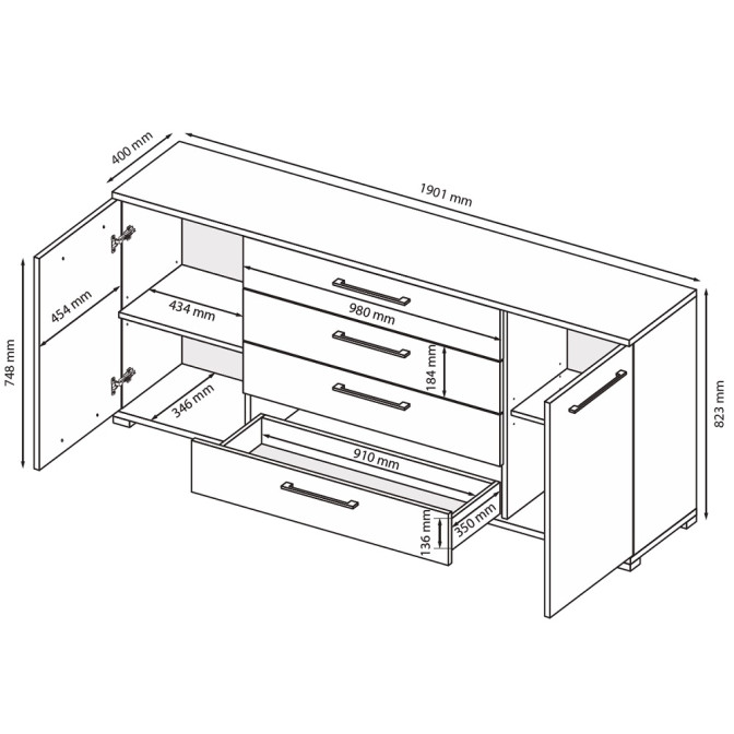 Комод 2Дв 4Ящ 1,9м Фемели / Family Глянец Белый MiroMark FM-169-WB