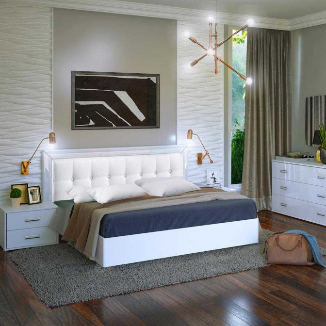 Спальня Белла Шафа-купе Білий глянець Ліжко 1,6 МС Тумба 2Шх 2шт Комод 3Шх Дзеркало 1200 MiroMark фото