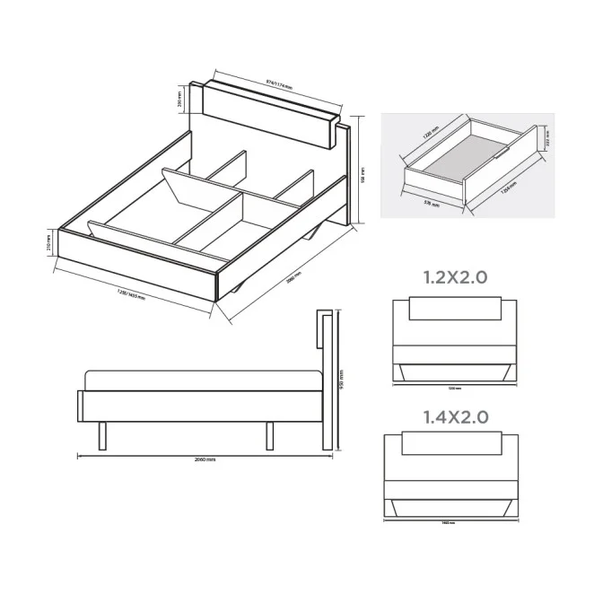 Кровать без каркаса 1,4*2,0 Асти / Asti Глянец Белый - Дуб Крафт MiroMark AS-34-WB